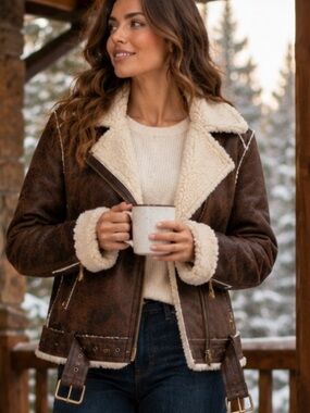New Look Sherpa-Lined Faux Leather Aviator Moto Jacket Brown Size M